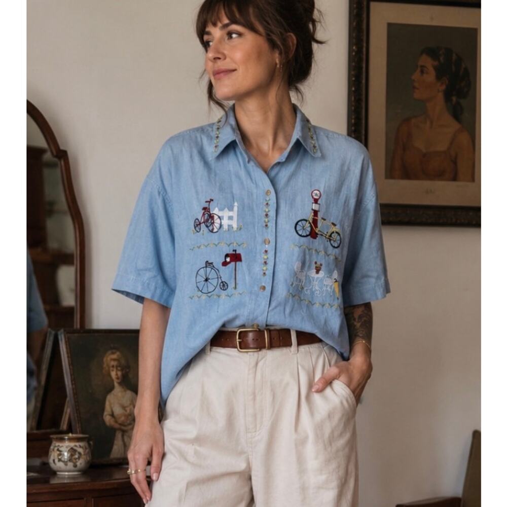 Christopher & Banks button up embroidered bicycle summer Cottagecore garden L